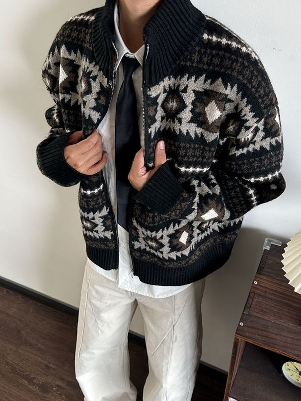 Fel Island Sweater Couple Jacket For Autumn And Winter Wear, Jacquard Stand Up Collar Knitted Cardigan Warm Top_viptrois.com