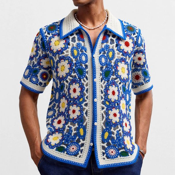 Men's Clothing Ethnic Style Crochet Sweater Summer Short Sleeved Polo Shirt_viptrois.com