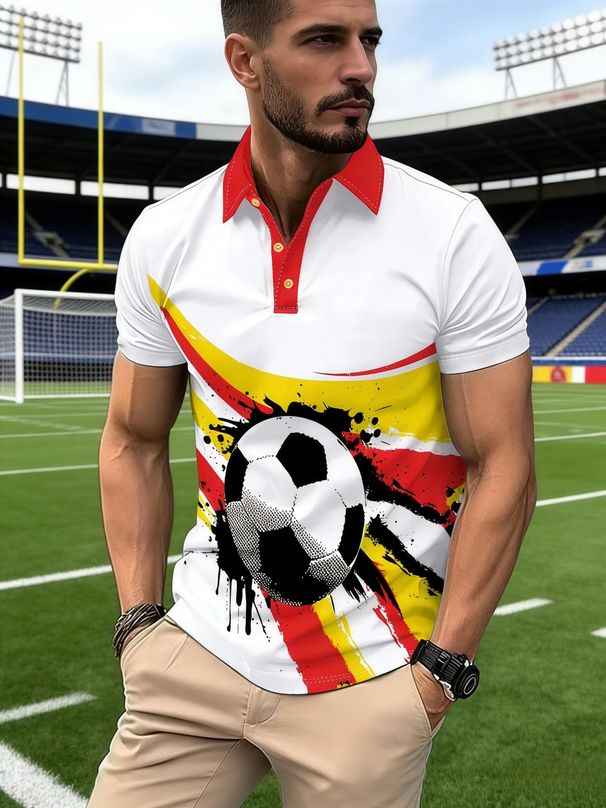 Polo Uomo Taglio Dritto Traspirante Stampa Calcio Rosso-giallo, Colletto Manica Corta Estivo Multifunzione Sport Casual Taglie Europee_viptrois.com