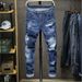 Jeans Pendant Refreshing Light Blue Destructive Paint Wild Exposed Yarn Slim Fitting And Trendy Man_viptrois.com