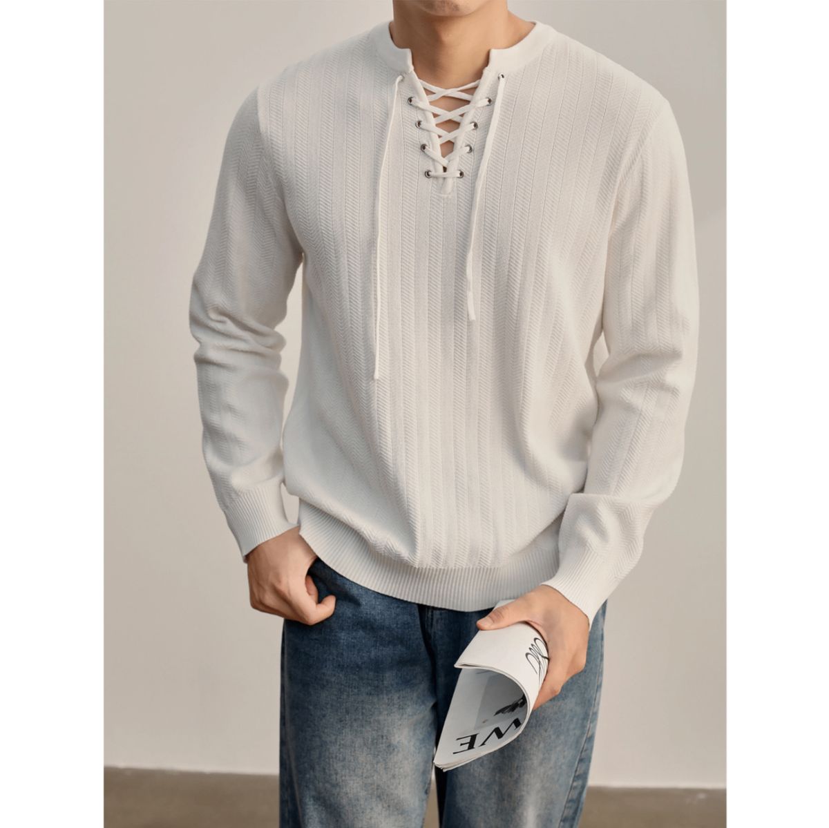 Men's Streetwear Knit Sweater - V-Neck Drawstring Pullover With Linear Texture (Black, White, Gray) - Stretch & Machine Washable Sizes M To XXXL_viptrois.com
