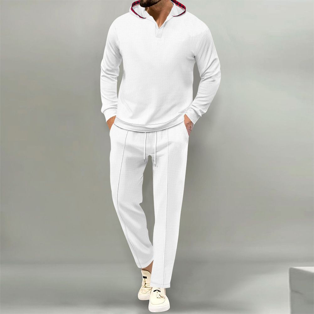 Men's Solid Color Suit Waffle Knit Hooded Long Sleeved Trouser Set For Fall_viptrois.com