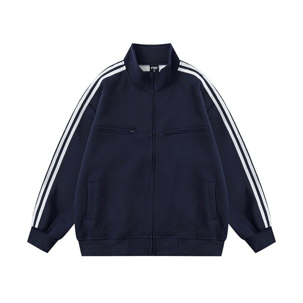 Loose Fit Half-High Collar Cardigan Sweatshirt For Men, Trendy Brand, Spring And Autumn Style, Three-Stripe Patchwork,_viptrois.com