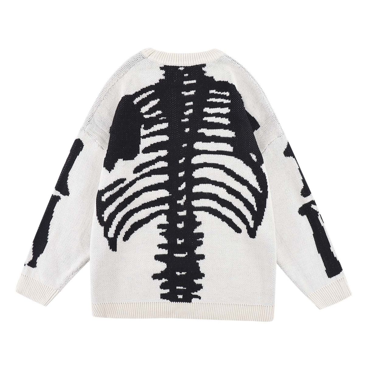 Streetwear Hip-Hop Jacquard Sweater Oversized Skeleton Print Knit Long Sleeve Pullover For Men & Women_viptrois.com