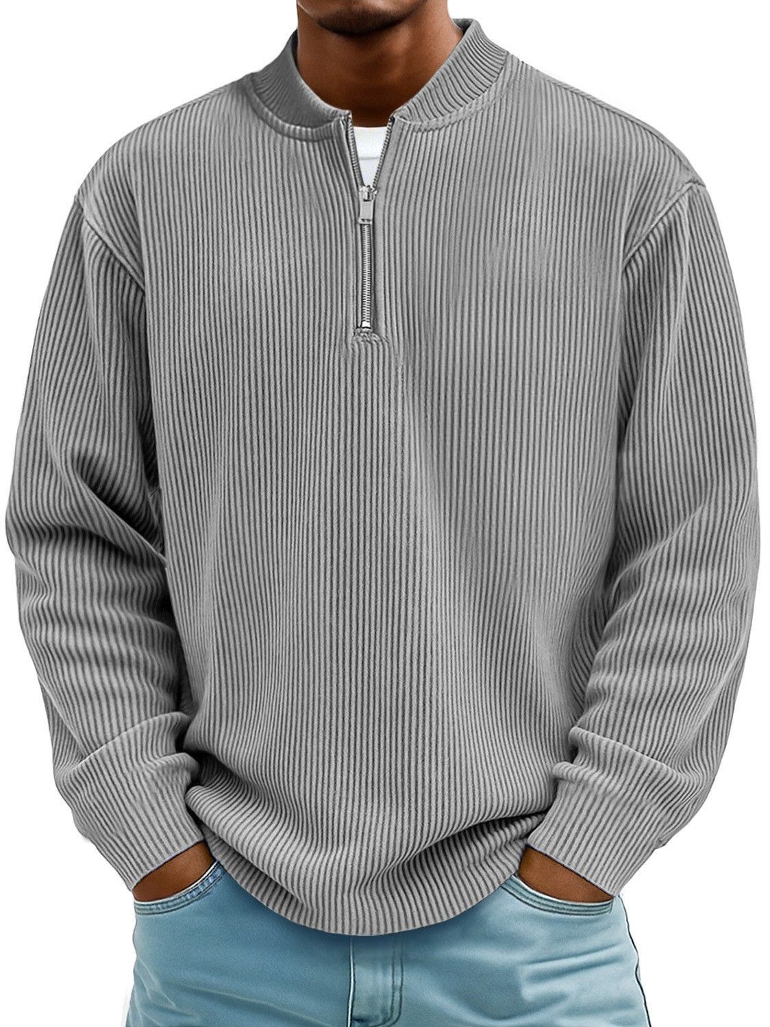 Men's Clothing Corduroy Stand Collar Zip-Up Long Sleeve Shirt - Autumn Casual Pullover Top With Stylish Stitching Details (Multiple Colors Available)_viptrois.com