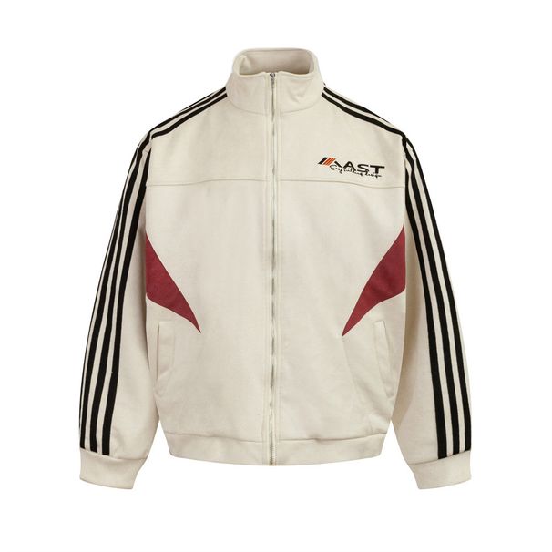 American High Street Three-Stripe Stand Collar Cardigan Sweatshirt Men's Personality Loose Patchwork Color-Block Spring_viptrois.com