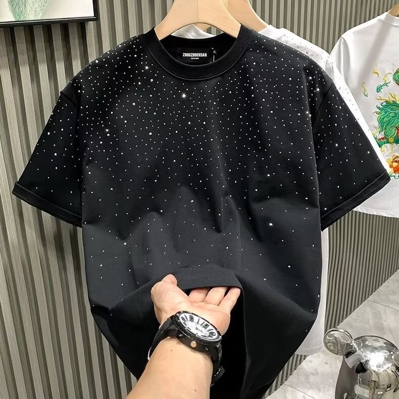 Men's Clothing European fashion brand light luxury men's T shirt short sleeve star hot diamond net celebrity niche half sleeved T shirt_viptrois.com