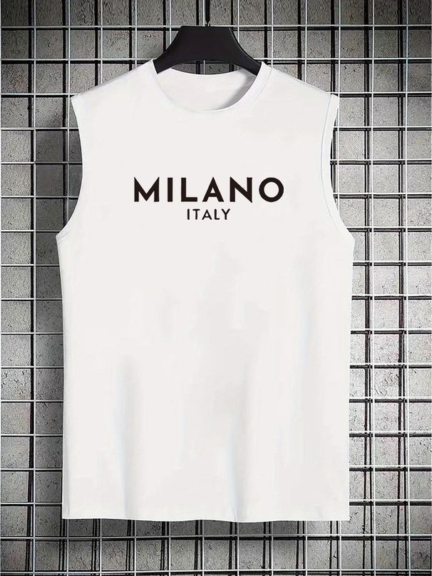 100% Pure Cotton Men's Summer Casual Sports Fitness Loose MILANO ITALIA Pattern Printed Breathable Round Neck Sleeveless Vest_viptrois.com