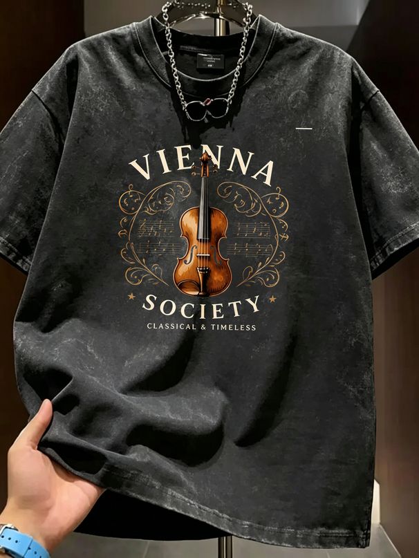 Summer New Washed Short-sleeved T-shirt, Men's Retro Vienna Society Violin Print Youth Loose Casual Street Tee_viptrois.com