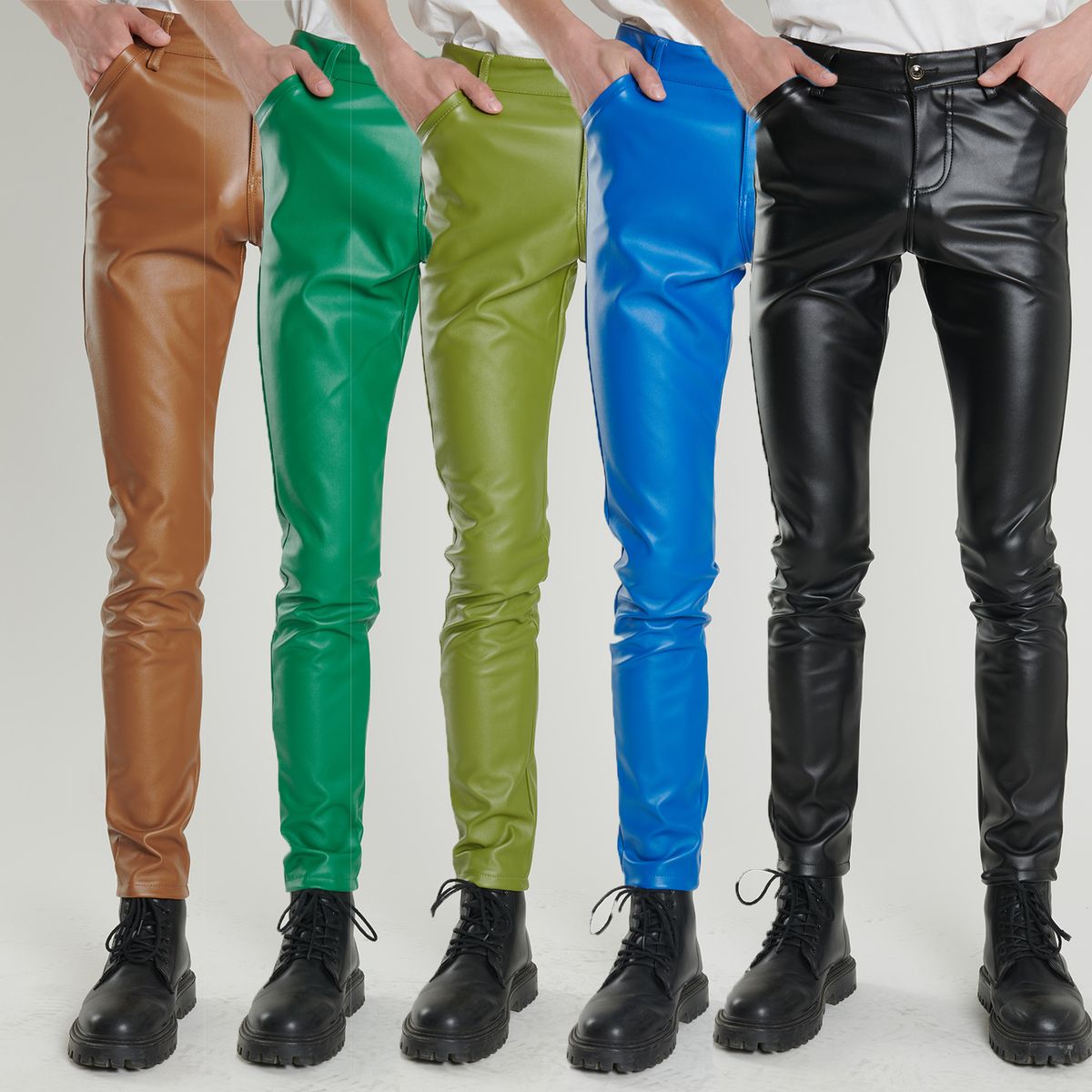 Men's Clothing Middle Aged And Young Men's Leather Pants Elastic Slim Green Blue Dance Performance Bar Brown Barber Salon Leather Pants_viptrois.com