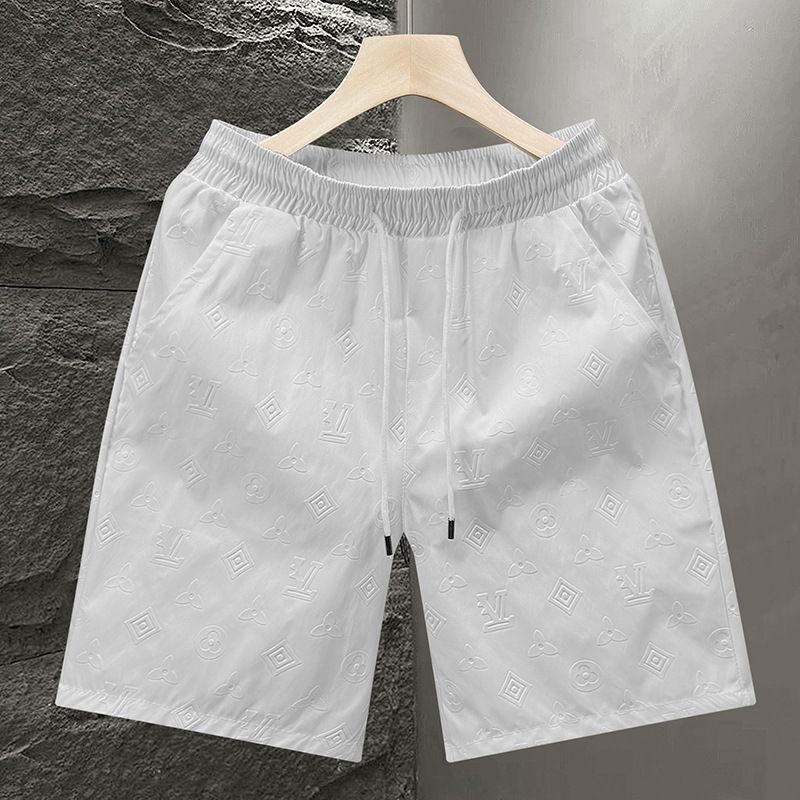 Men's Trendy White Light Luxury Jacquard Drawstring Shorts Casual Five Point Beach Wear Non-Stretch Polyester_viptrois.com