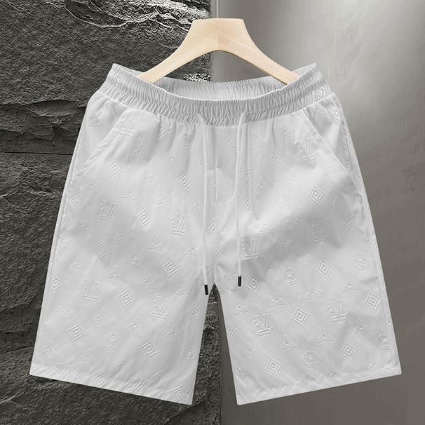Men's Trendy White Light Luxury Jacquard Drawstring Shorts Casual Five Point Beach Wear Non-Stretch Polyester_viptrois.com