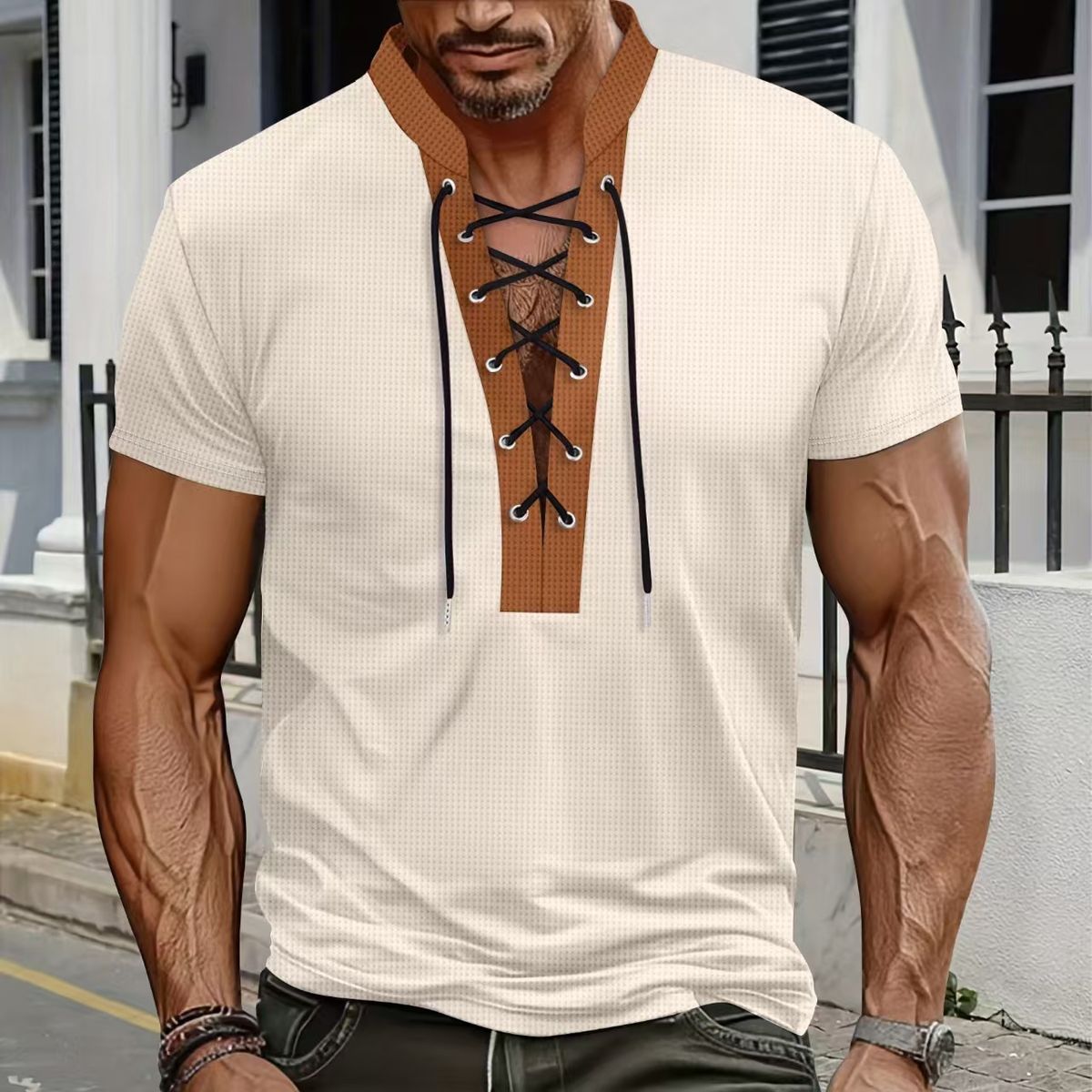 Men's Waffle-Knit Short-Sleeve T-Shirt – Slim Fit Casual Tee With Contrast Stitching & Drawstring Detail (White, Grey, Black, Red, Khaki, Green)_viptrois.com