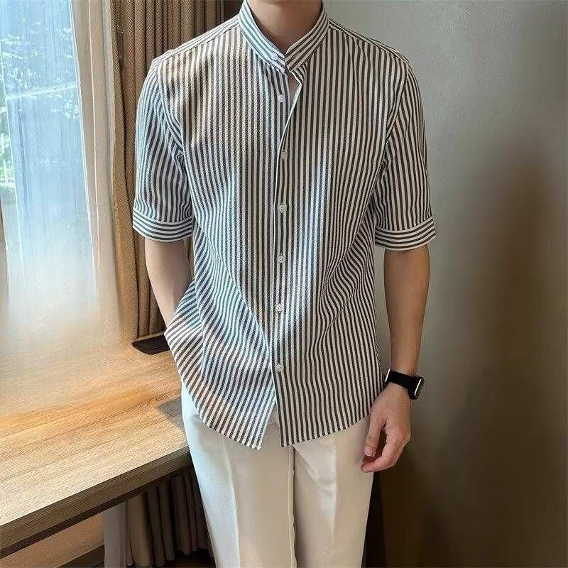 Men's Clothing Summer Five Point Sleeve Striped Shirt Stand Up Collar Casual Non Iron Mid Sleeve Trendy Shirt_viptrois.com