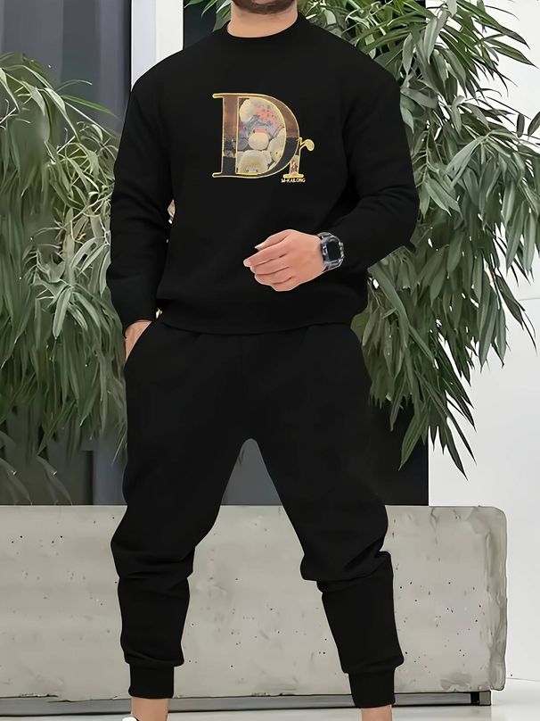 Men's Autumn And Winter Casual Warm Pattern Printed Loose Thick Velvet Round Neck Sports Shirt+sports Pants Set_viptrois.com