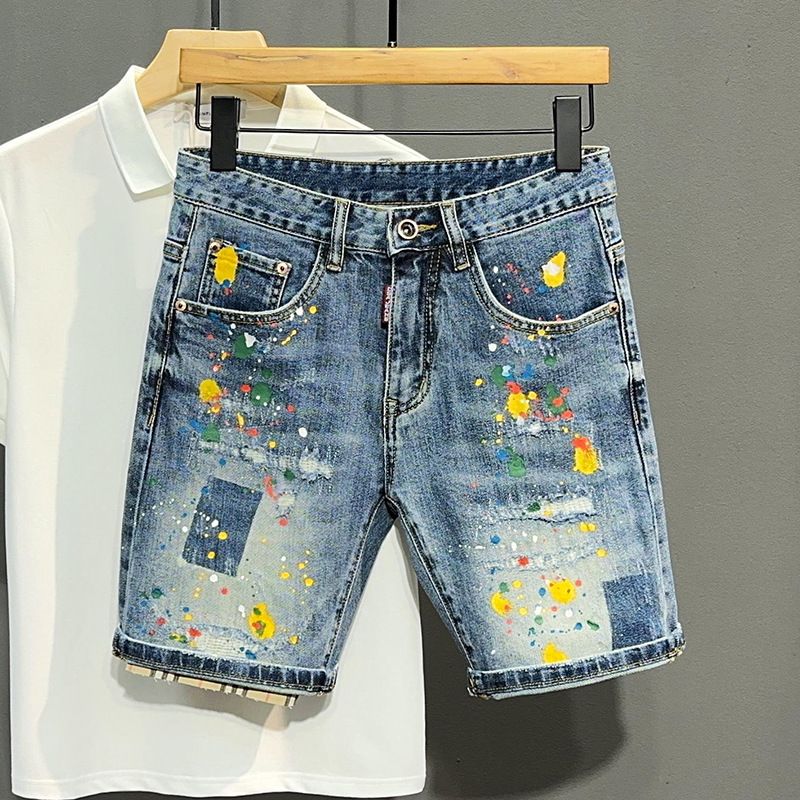 Men's Clothing Washed Blue Ripped Denim Shorts Men's Trendy Ink Splash Graffiti Slim Fit Five Point Pants_viptrois.com