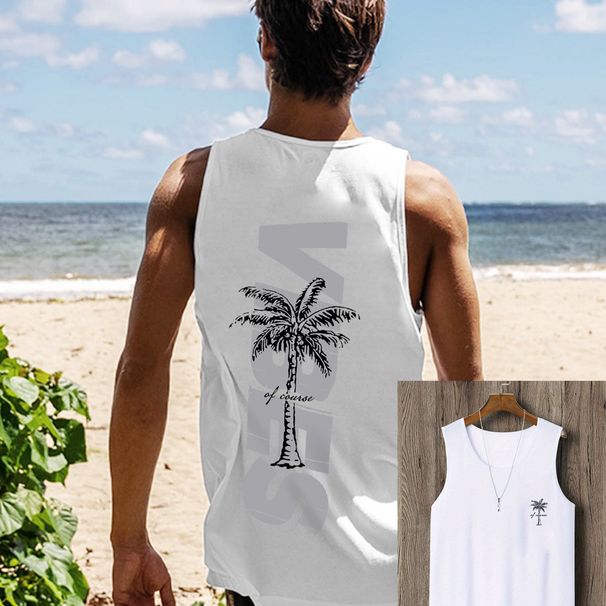 100% Pure Cotton Men's Summer Casual Sports Fitness Loose Coconut Tree Pattern Printed Breathable Round Neck Sleeveless Vest_viptrois.com