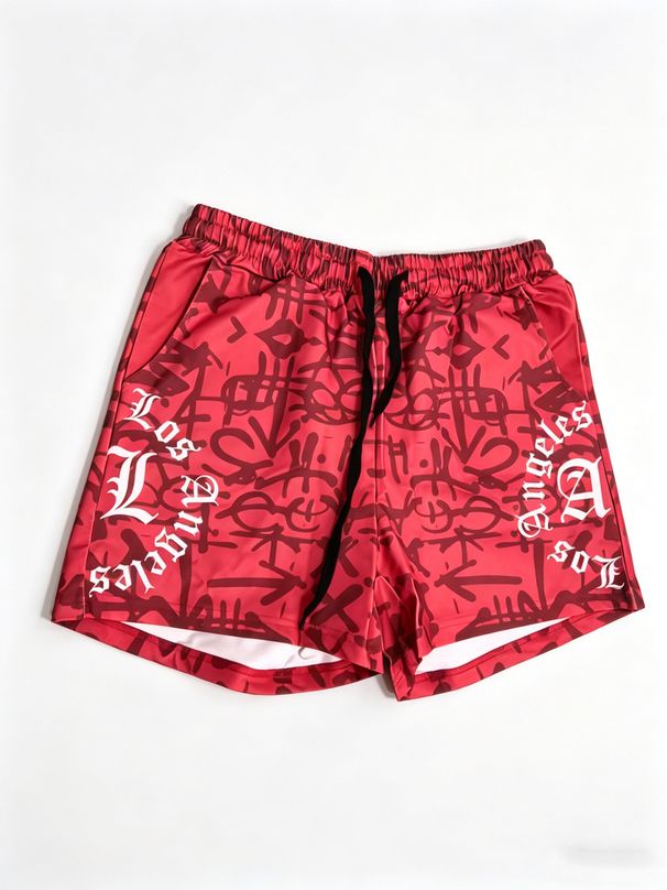 Men/Women’s Elastic Waist Graffiti Shorts, Red Digital Print Summer Streetwear Shorts For All Occasions_viptrois.com