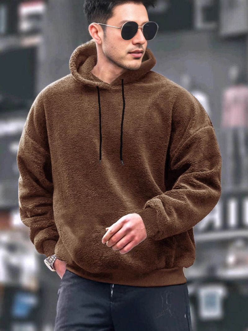 Men's Clothing Oversized Hooded Fleece Sweatshirt - Winter Warm Pullover With Kangaroo Pocket, Soft Coral Fleece Lining, Casual Streetwear_viptrois.com