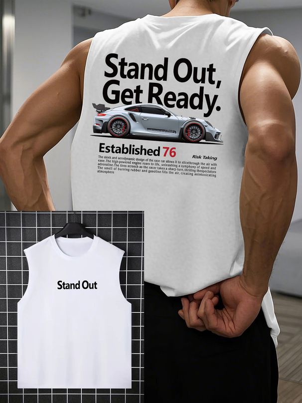 100% Pure Cotton Men's Summer Casual Sports Fitness Loose Fashion Racing Pattern Printed Breathable Round Neck Sleeveless Vest_viptrois.com