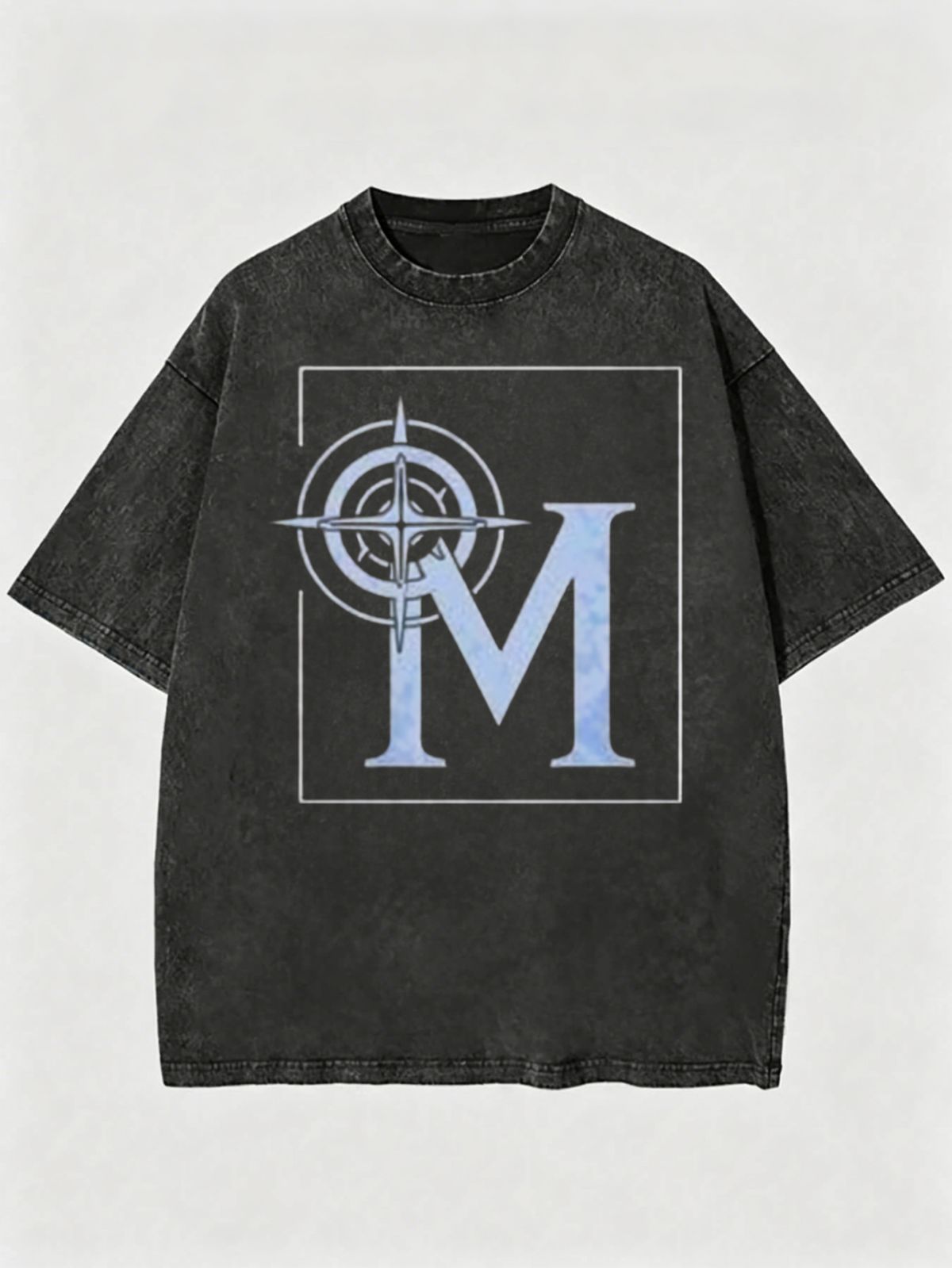 Vintage Washed Letter M Compass Frame Graphic 230g Cotton T-Shirt Men's Casual Streetwear Tee_viptrois.com