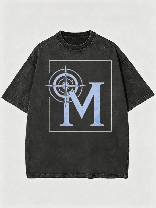 Vintage Washed Letter M Compass Frame Graphic 230g Cotton T-Shirt Men's Casual Streetwear Tee_viptrois.com