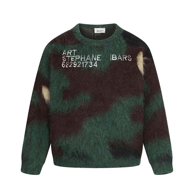 2026 High Street American Letter Contrasting Color Seahorse Hair Crew Neck Long Sleeve Sweater Men's Trendy Brand Loose Casual Knitted Sweater_viptrois.com