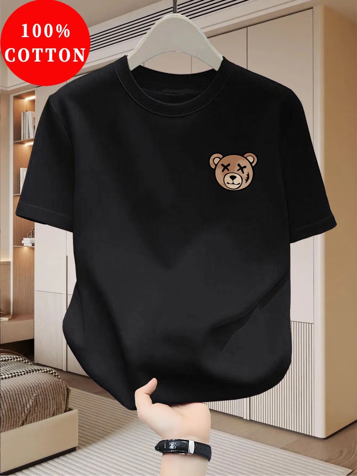 Maglietta Uomo 180G Cotone Sottile Moda 2026 Stampa Orso Cartoon Stile Ins, Elegante Versatile Quotidiana Estiva_viptrois.com