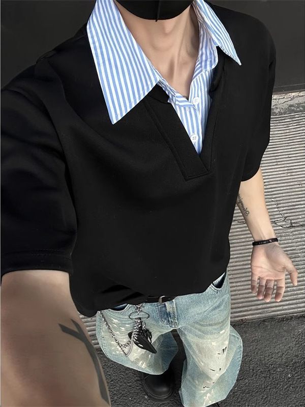 Men's Clothing Two Piece Shirt Collar Short Sleeved Versatile And Handsome Loose Short Sleeved T Shirt_viptrois.com