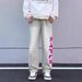 Washed Yellow Mud Embroidered Jeans American Hip-Hop Men's Trendy Brand Micro Flared Loose Straight Leg Pants_viptrois.com