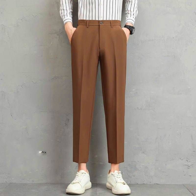 Men's Clothing Men's Ice Silk Nine Point Small Suit Trousers Summer Thin Simple Straight Suit Trousers Advanced Drape Nine Point Casual Trousers_viptrois.com