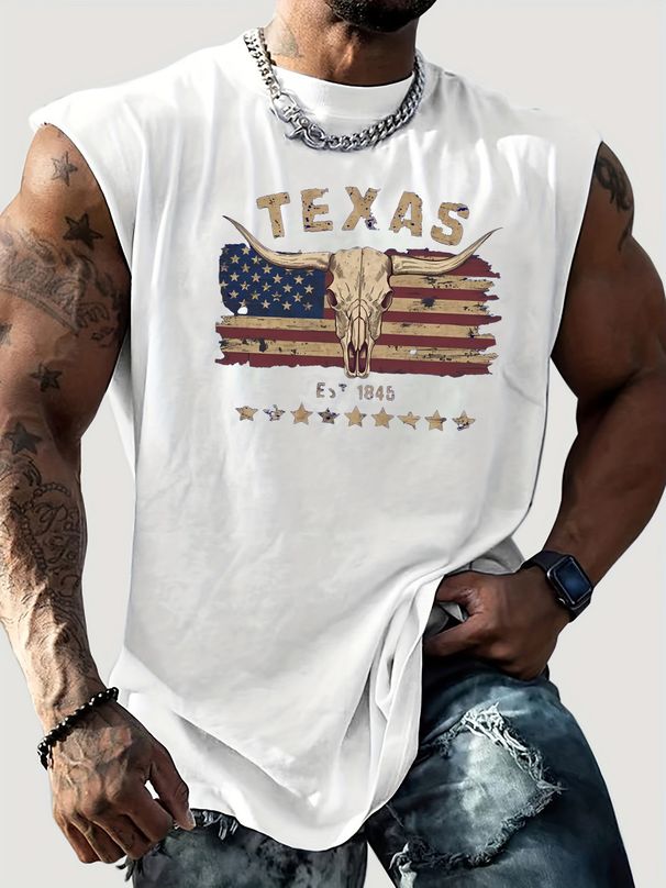 100% Pure Cotton Men's Summer Casual Sports Fitness Loose Retro American Western Bull Head Skull Pattern Print Breathable Round Neck Sleeveless Vest_viptrois.com