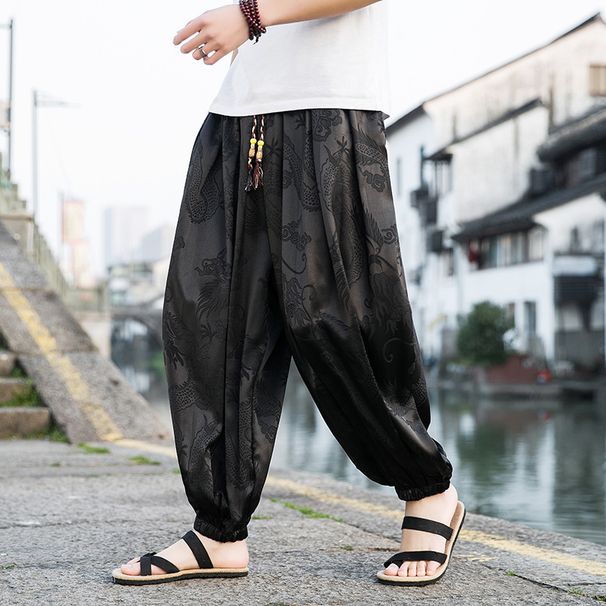 Slim-fit Versatile Stretch Pants With Dragon Pattern And Floral Design, Long-style Lantern Pants_viptrois.com