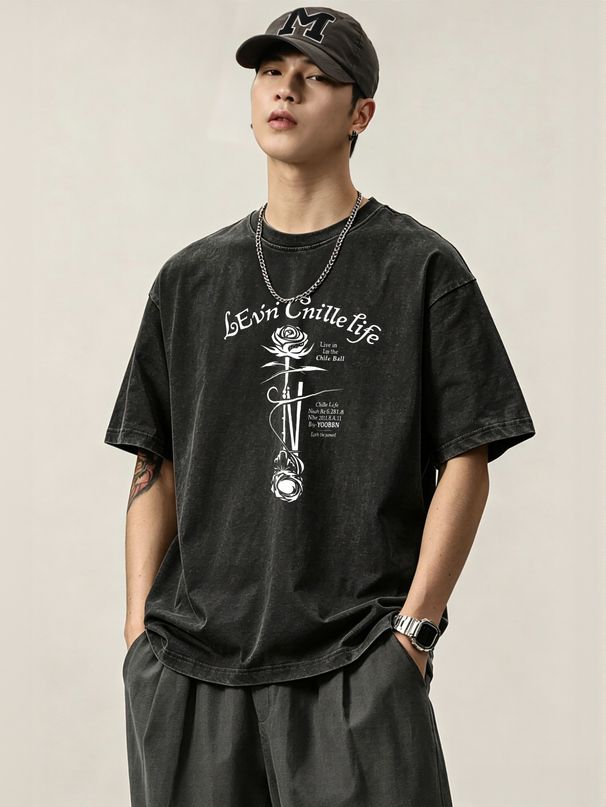 230g Washed Men Casual Tee Vintage Rose Gothic Letter Print Short Sleeve Loose Daily Streetwear T-Shirt_viptrois.com
