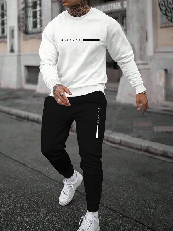 Men's Autumn And Winter Casual Warm BALANCE Letter Print Loose Thick Velvet Round Neck Sports Shirt+sports Pants Set_viptrois.com