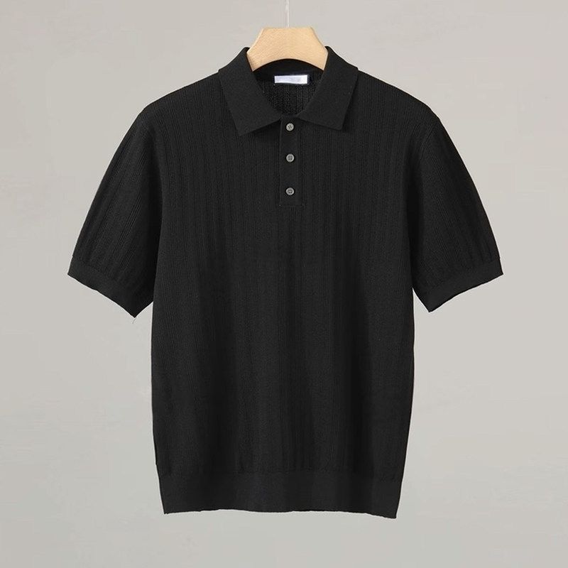 Men's Clothing Men's High Quality Striped Collar Knit T-Shirt Breathable Shirt Casual Versatile Short Sleeve Summer Top_viptrois.com
