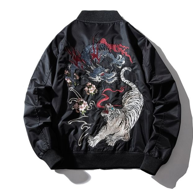 Men's Clothing Baseball Uniform For Men In Autumn And Winter Dragon Pattern Loose Bomber Jacket Trendy Street Handsome Thin Embroidered Jacket_viptrois.com