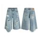 Men's Clothing Retro High Street Washed Irregular Ripped Denim Shorts Trendy Rest Wide Leg Loose Cropped Trousers_viptrois.com