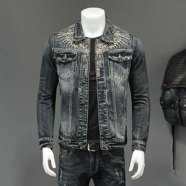 Autumn And Winter Heavy Wing Embroidery Lapel Denim Jacket Men's Handsome Fashion Slim Motorcycle Jacket Casual Denim_viptrois.com