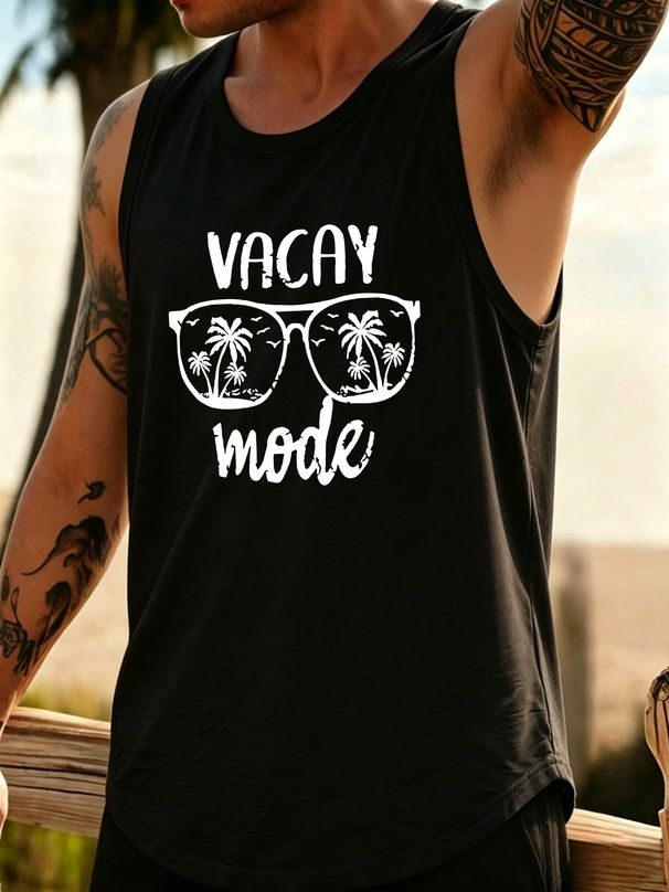 Canotta Uomo Girocollo 100% Cotone Stampa Stile Vacanze Traspirante Confortevole Senza Maniche Spiaggia Estivo Casual Multicolore_viptrois.com