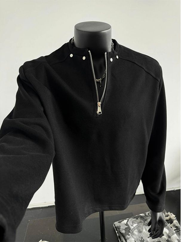 Men’s Half-Zip Padded Shoulder Sweatshirt – Studded Detail Long Sleeve Pullover For Autumn & Winter, Streetwear-Inspired Layering Piece_viptrois.com
