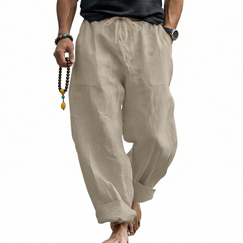 Men's Plus Size Linen Trousers Style Breathable Thin Sweat Absorbent Solid Color Casual Wide Leg Long Trousers_viptrois.com