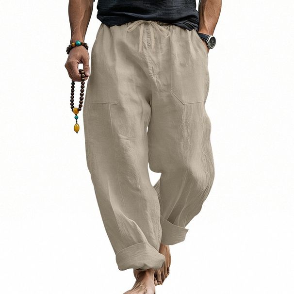 Men's Plus Size Linen Trousers Style Breathable Thin Sweat Absorbent Solid Color Casual Wide Leg Long Trousers_viptrois.com