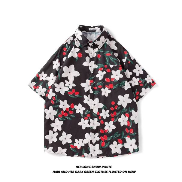 Men's Clothing Retro Green Oil Painting Flowers Niche Lazy Ins Casual Artistic Short Sleeved Floral Shirt_viptrois.com