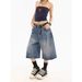 Men's Clothing Retro Washed Old Lightning Pattern Three Quarter Denim Shorts Loose Straight Wide Leg Mid Length Pants_viptrois.com