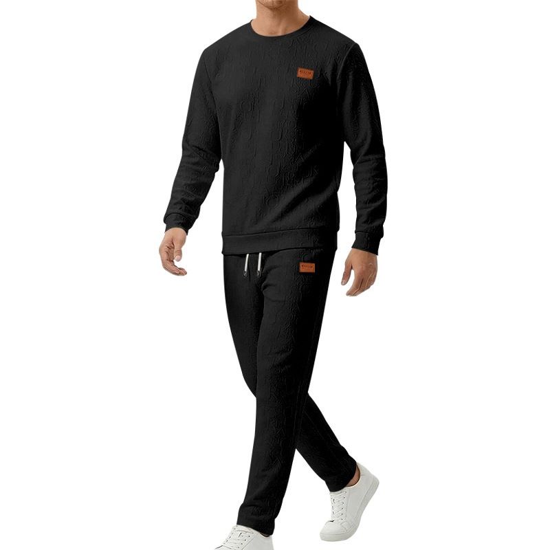 Spring Autumn Men's Textured Suit Plus Size Embossed Letter Crew Neck Sweatshirt And Pants Set_viptrois.com