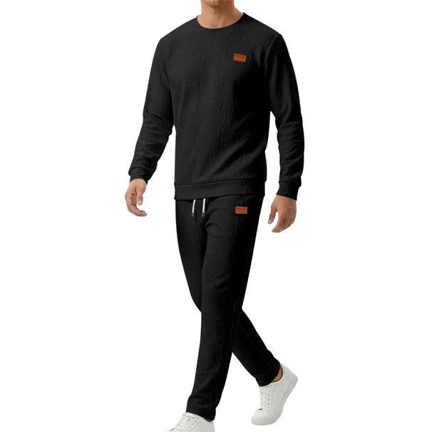 Spring Autumn Men's Textured Suit Plus Size Embossed Letter Crew Neck Sweatshirt And Pants Set_viptrois.com