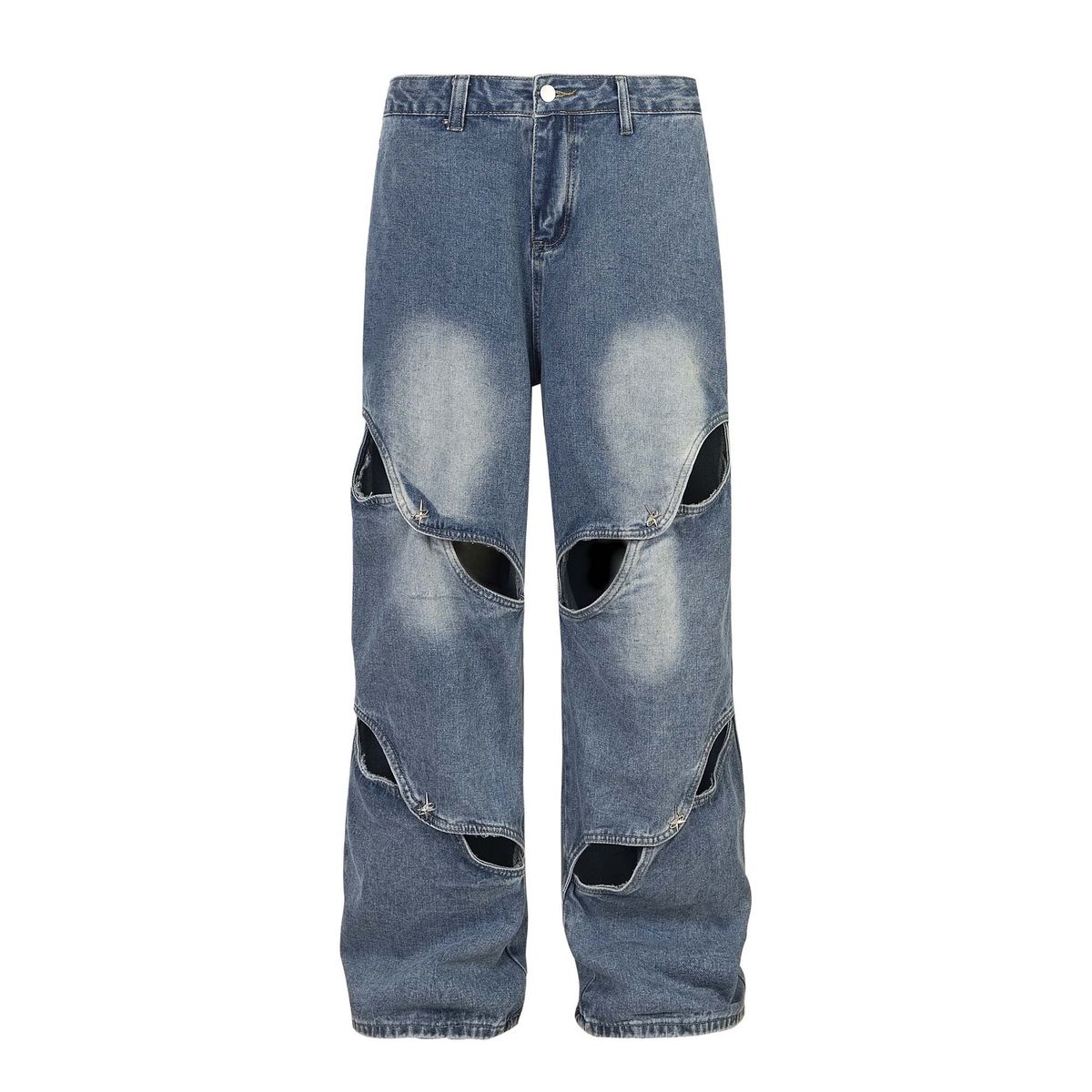 Men's Clothing National trend street washed distressed stitching metal decoration jeans unisex loose wide leg straight pants_viptrois.com