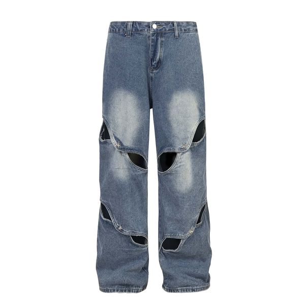 Men's Clothing National trend street washed distressed stitching metal decoration jeans unisex loose wide leg straight pants_viptrois.com