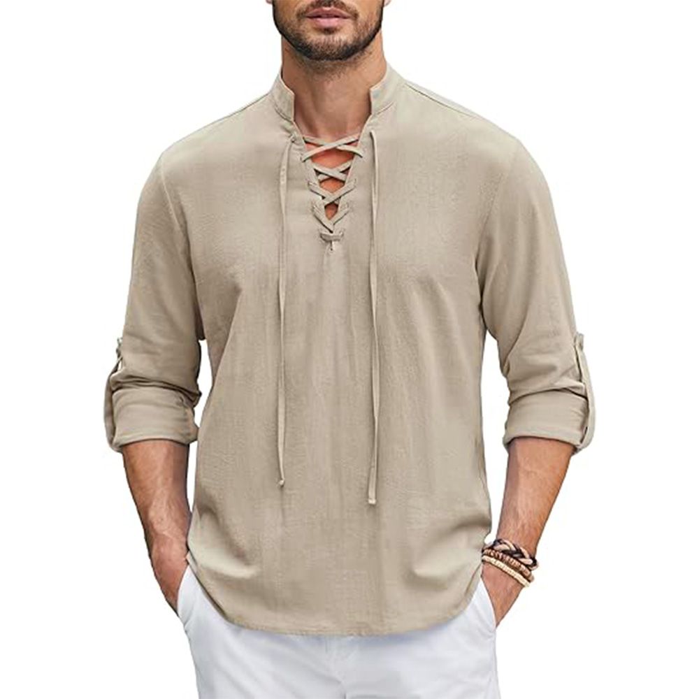 Renaissance Shirt Pirate Medieval Viking Top Cotton Linen Shirts Men's Long Sleeve Halloween Costume_viptrois.com